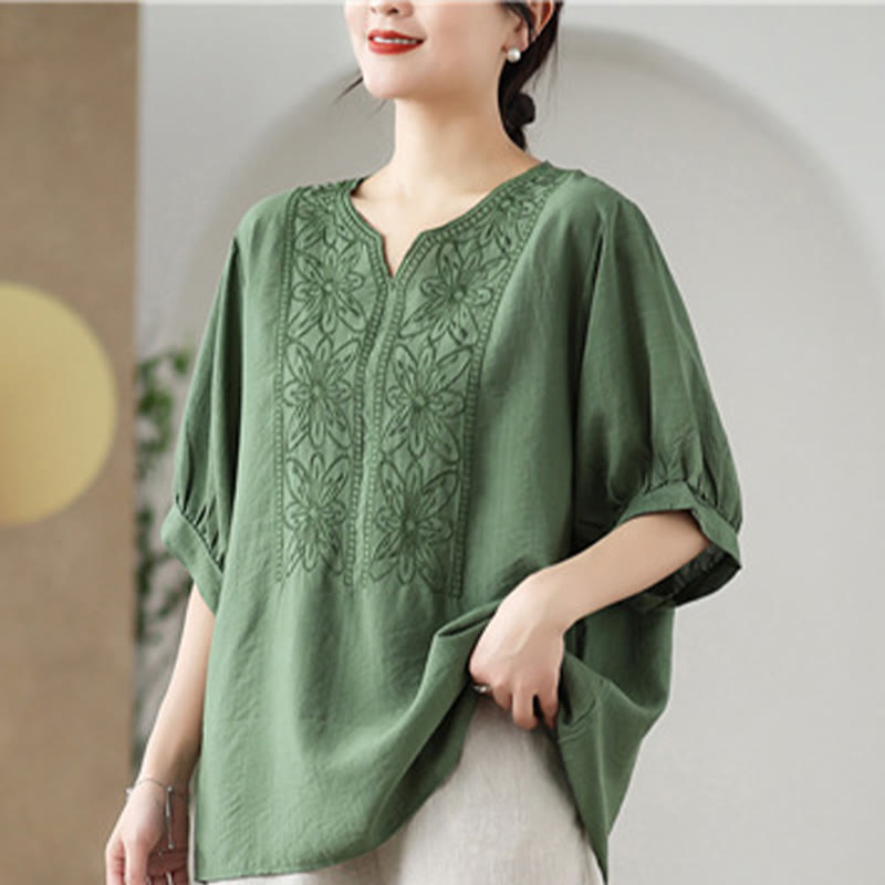 T-shirt à manches mi-longues en coton et lin avec broderie de fleurs et Buddha Stones - image 8