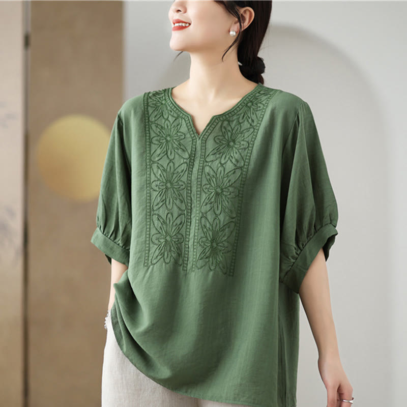 T-shirt à manches mi-longues en coton et lin avec broderie de fleurs et Buddha Stones