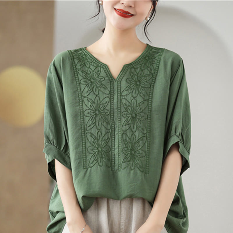 T-shirt à manches mi-longues en coton et lin avec broderie de fleurs et Buddha Stones
