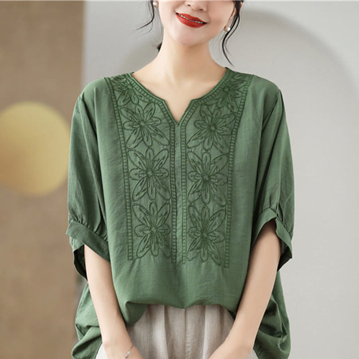 T-shirt à manches mi-longues en coton et lin avec broderie de fleurs et Buddha Stones