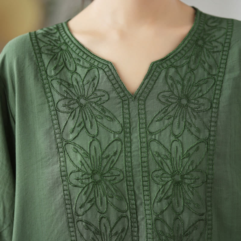 T-shirt à manches mi-longues en coton et lin avec broderie de fleurs et Buddha Stones