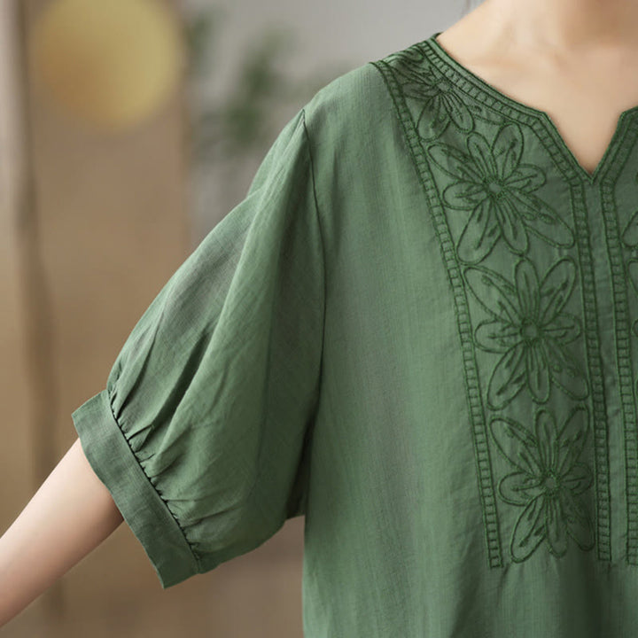 T-shirt à manches mi-longues en coton et lin avec broderie de fleurs et Buddha Stones
