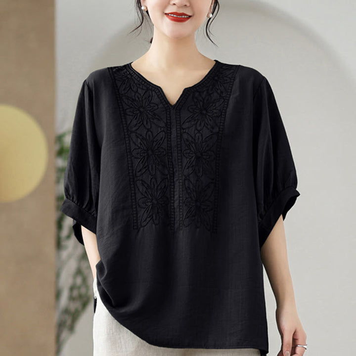 T-shirt à manches mi-longues en coton et lin avec broderie de fleurs et Buddha Stones