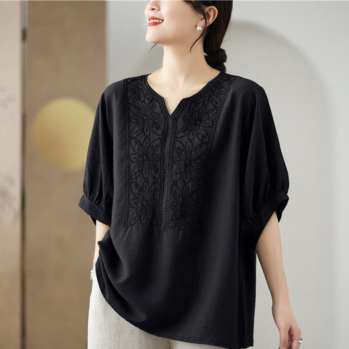 T-shirt à manches mi-longues en coton et lin avec broderie de fleurs et Buddha Stones - image 13