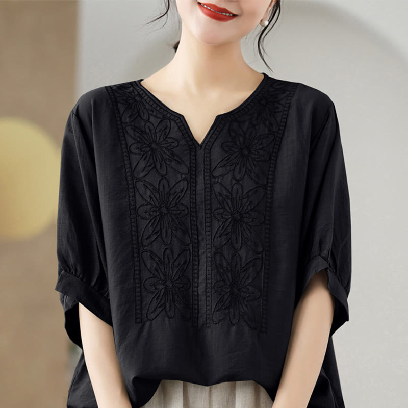 T-shirt à manches mi-longues en coton et lin avec broderie de fleurs et Buddha Stones - Noir - F (Convient aux tailles US 4-6 ; UK/AU 8-10 ; EU 36-38) - image 11