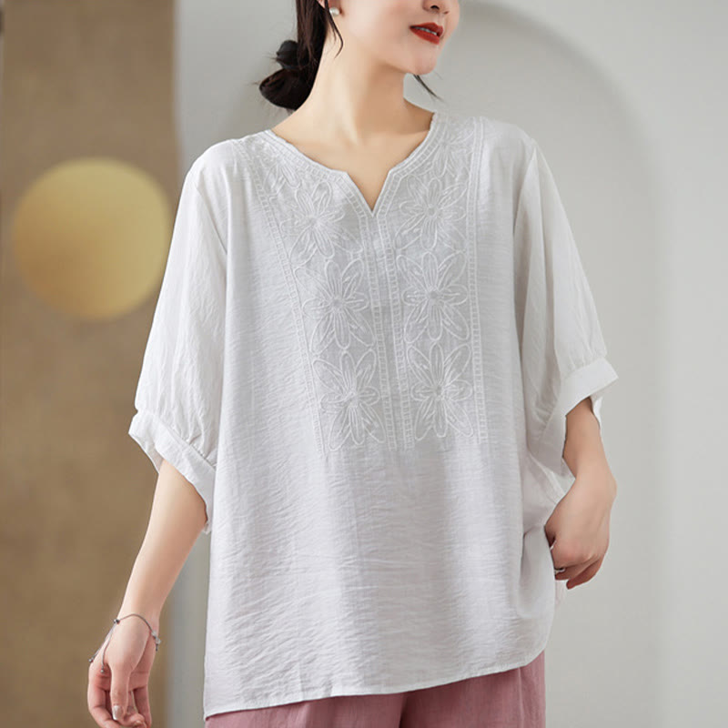 T-shirt à manches mi-longues en coton et lin avec broderie de fleurs et Buddha Stones