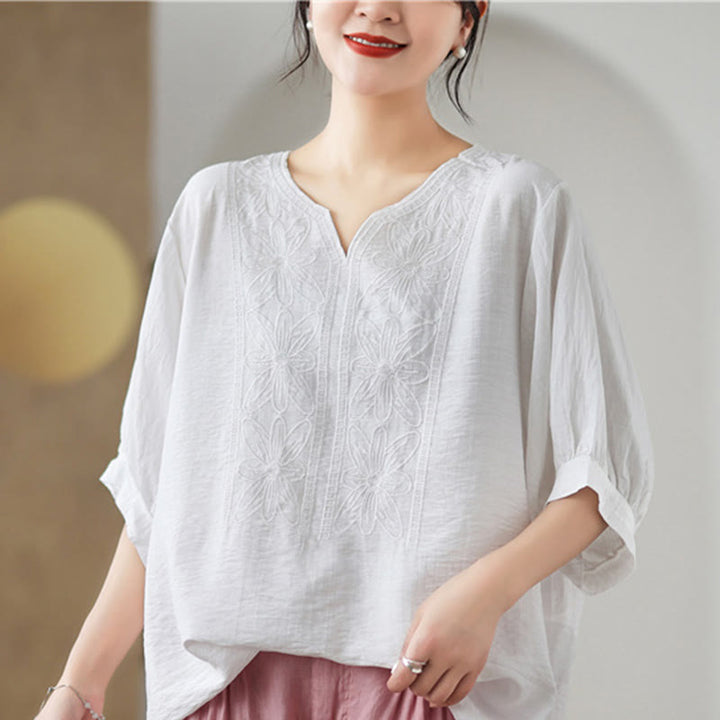 T-shirt à manches mi-longues en coton et lin avec broderie de fleurs et Buddha Stones