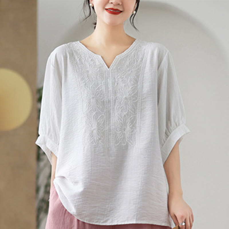 T-shirt à manches mi-longues en coton et lin avec broderie de fleurs et Buddha Stones