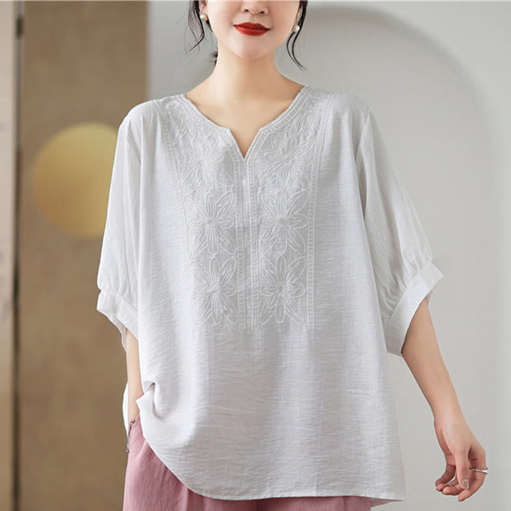 T-shirt à manches mi-longues en coton et lin avec broderie de fleurs et Buddha Stones