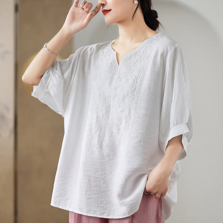 T-shirt à manches mi-longues en coton et lin avec broderie de fleurs et Buddha Stones
