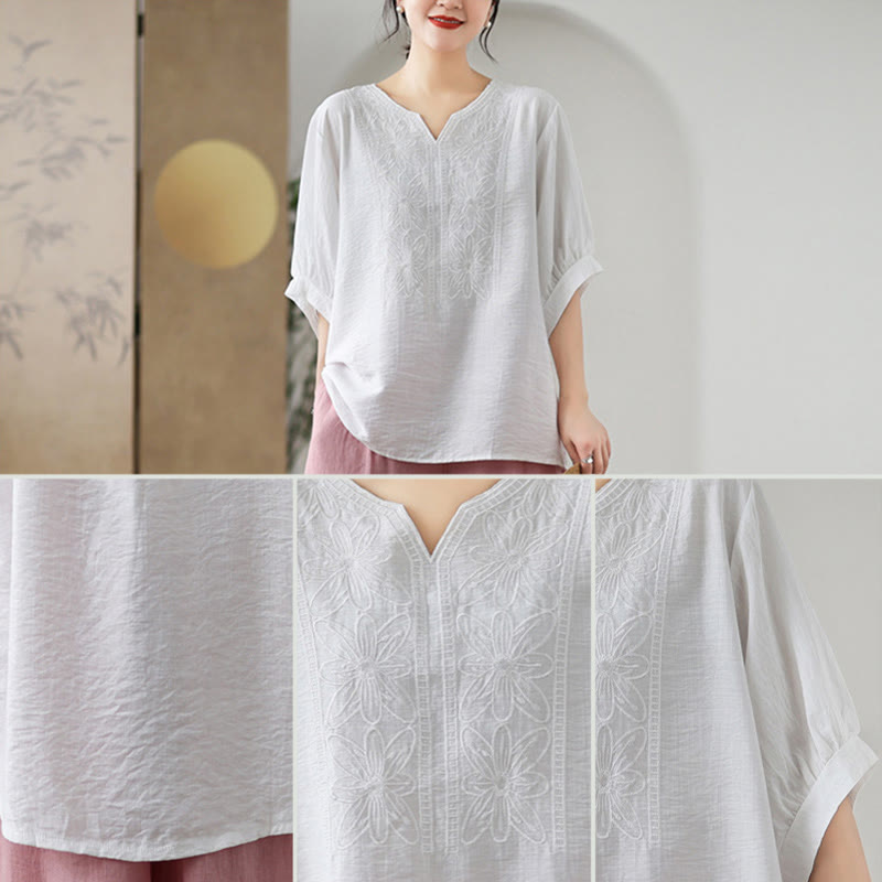 T-shirt à manches mi-longues en coton et lin avec broderie de fleurs et Buddha Stones