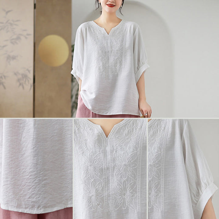 T-shirt à manches mi-longues en coton et lin avec broderie de fleurs et Buddha Stones