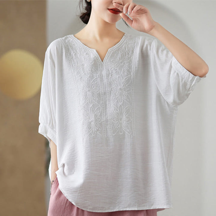 T-shirt à manches mi-longues en coton et lin avec broderie de fleurs et Buddha Stones