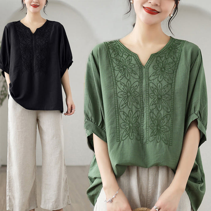 T-shirt à manches mi-longues en coton et lin avec broderie de fleurs et Buddha Stones
