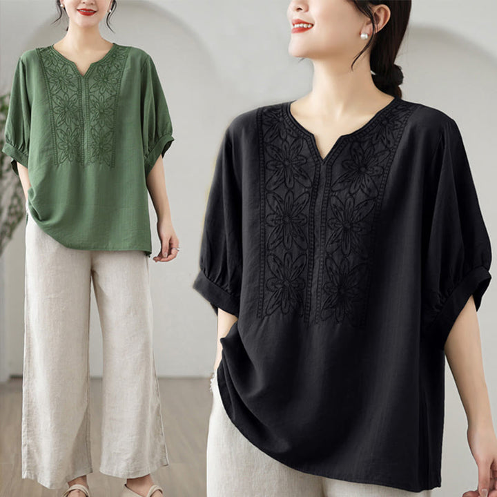 T-shirt à manches mi-longues en coton et lin avec broderie de fleurs et Buddha Stones
