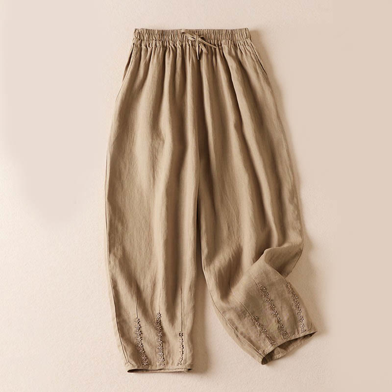 Pantalon sarouel d'été brodé de petites fleurs avec poches et Buddha Stones - Blé - US8-10，UK/AU12-14，EU40-42 (2XL) - image 1