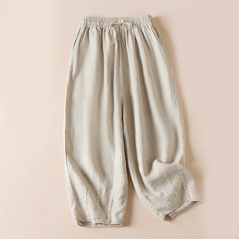 Pantalon sarouel d'été brodé de petites fleurs avec poches et Buddha Stones - Lin - US8-10，UK/AU12-14，EU40-42 (2XL) - image 26