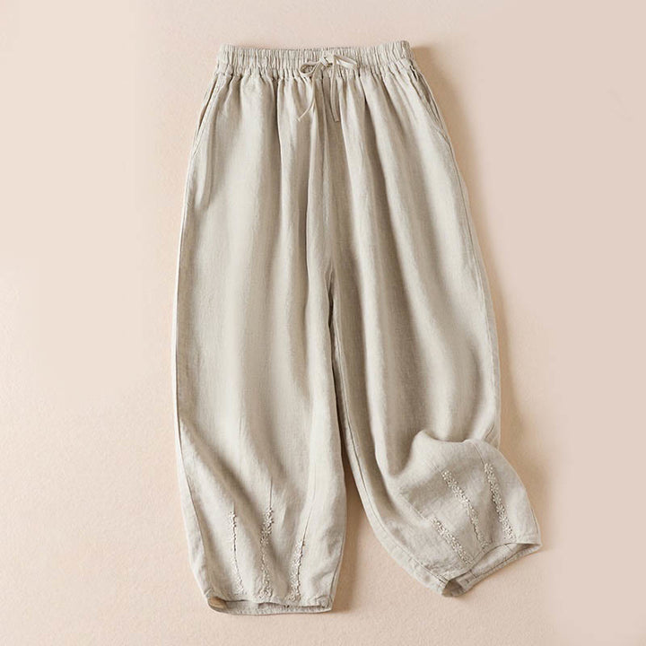 Pantalon sarouel d'été brodé de petites fleurs avec poches et Buddha Stones - Lin - US8-10，UK/AU12-14，EU40-42 (2XL) - image 26