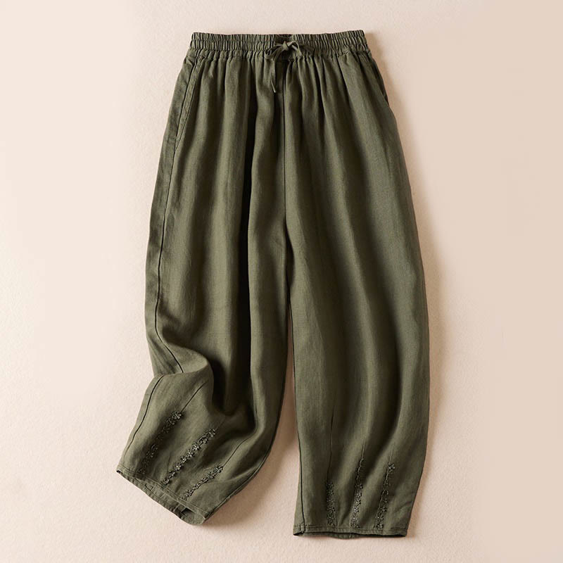 Pantalon sarouel d'été brodé de petites fleurs avec poches et Buddha Stones - Vert foncé - US8-10，UK/AU12-14，EU40-42 (2XL) - image 33