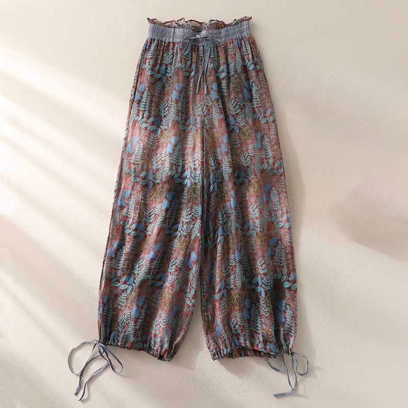 Pantalon d'été pour femme Buddha Stones avec poches et feuilles bleues - US8-10，UK/AU12-14，EU40-42 (2XL) - image 1