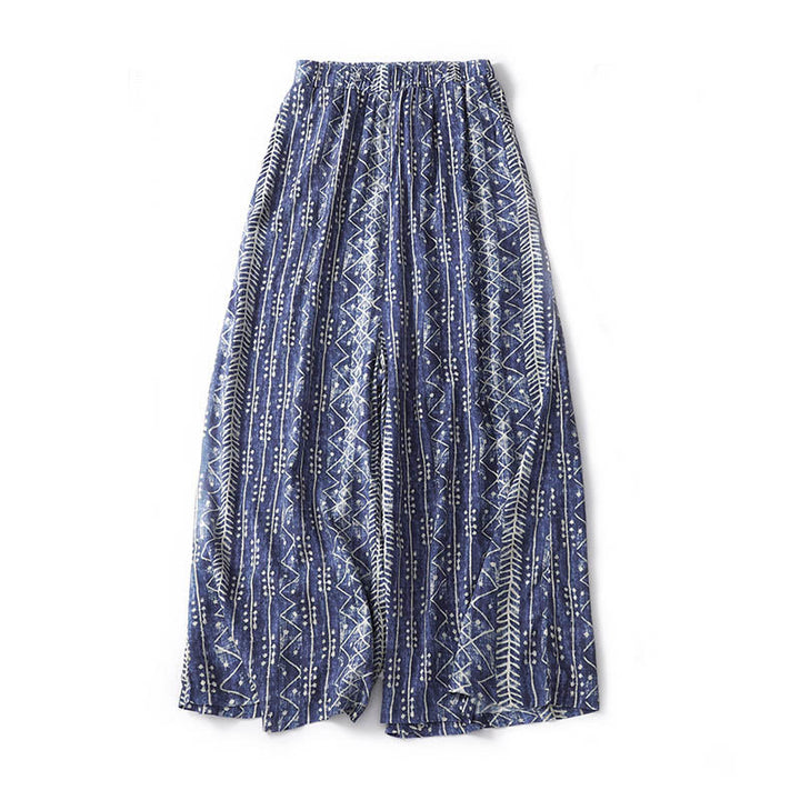 Pantalon large en coton et lin à rayures bleues avec poches et imprimé Buddha Stones - image 2