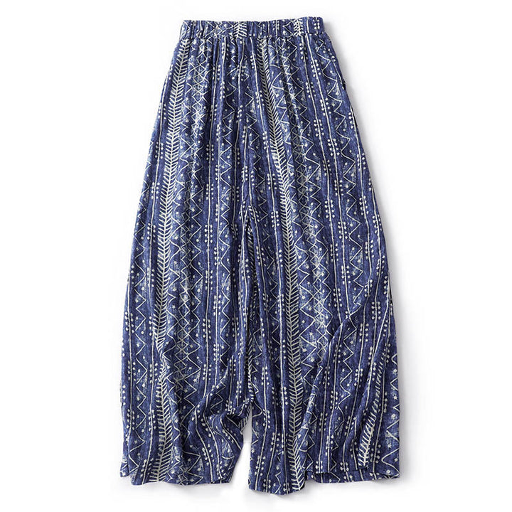 Pantalon large en coton et lin à rayures bleues avec poches et imprimé Buddha Stones - image 11
