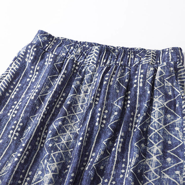 Pantalon large en coton et lin à rayures bleues avec poches et imprimé Buddha Stones - image 4