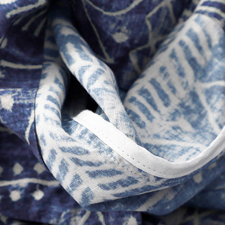 Pantalon large en coton et lin à rayures bleues avec poches et imprimé Buddha Stones - image 8