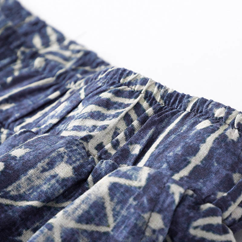 Pantalon large en coton et lin à rayures bleues avec poches et imprimé Buddha Stones - image 4