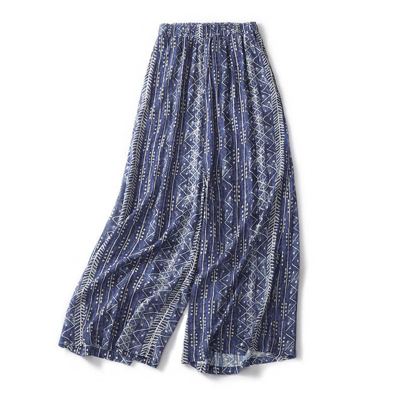 Pantalon large en coton et lin à rayures bleues avec poches et imprimé Buddha Stones - image 3