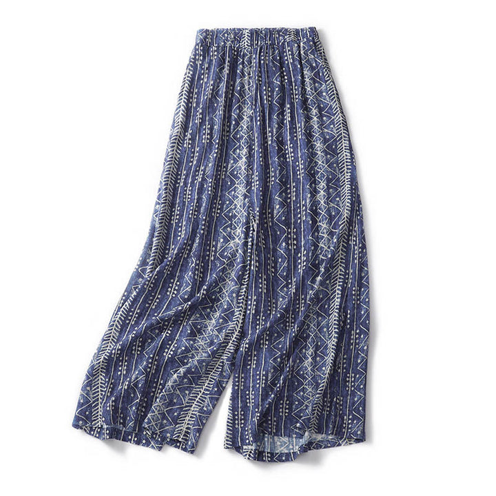 Pantalon large en coton et lin à rayures bleues avec poches et imprimé Buddha Stones - image 3