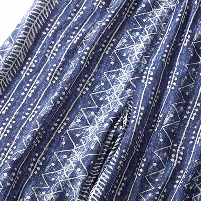 Pantalon large en coton et lin à rayures bleues avec poches et imprimé Buddha Stones - image 7