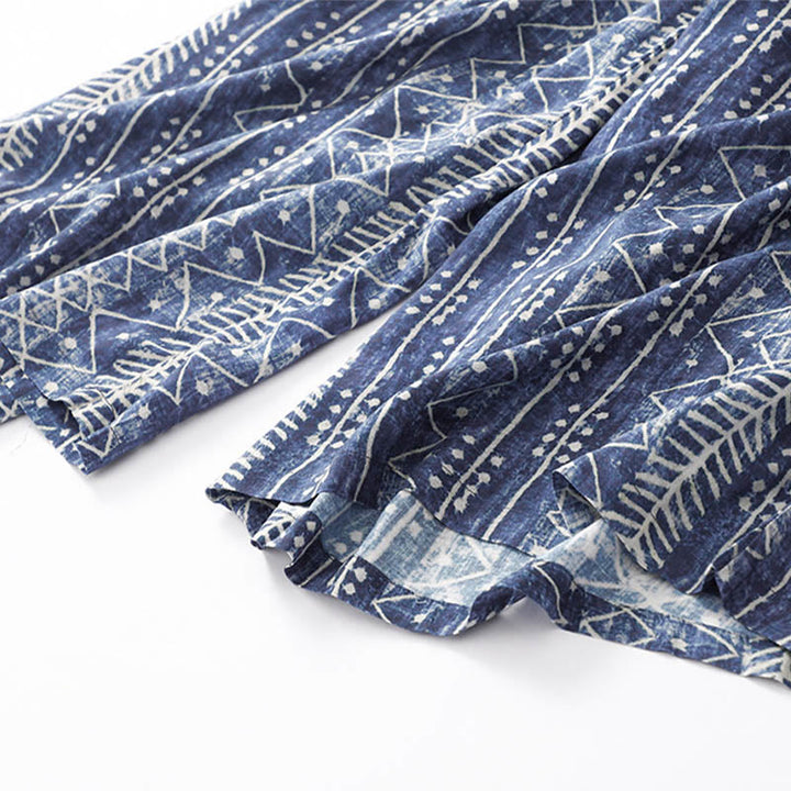 Pantalon large en coton et lin à rayures bleues avec poches et imprimé Buddha Stones - image 11