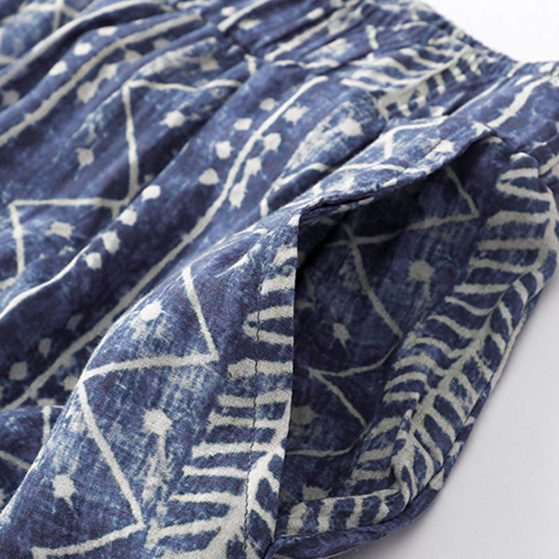 Pantalon large en coton et lin à rayures bleues avec poches et imprimé Buddha Stones - image 5