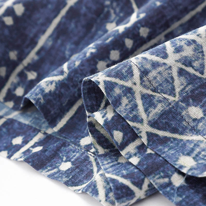 Pantalon large en coton et lin à rayures bleues avec poches et imprimé Buddha Stones - image 9