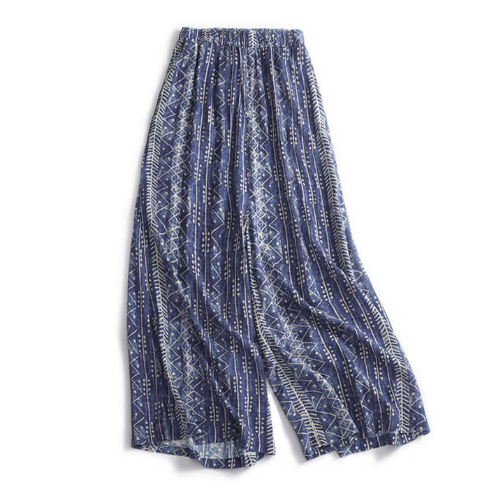 Pantalon large en coton et lin à rayures bleues avec poches et imprimé Buddha Stones - US8-10，UK/AU12-14，EU40-42 (2XL) - image 1