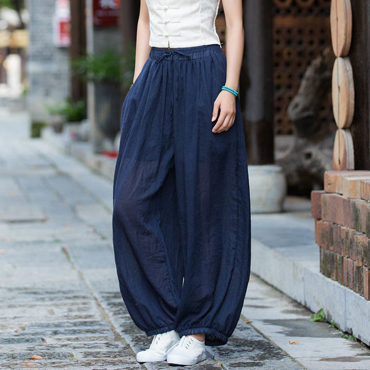 Pantalon d'été en lin uni avec cordon de serrage et poches Buddha Stones - Bleu acier - US4-6, UK/AU8-10, EU36-38 (F) - image 0