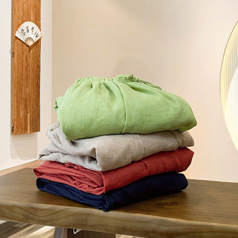 Pantalon d'été en lin uni avec cordon de serrage et poches Buddha Stones - image 1