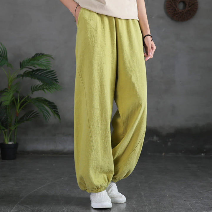 Pantalon uni en lin et coton ramie avec poches Buddha Stones - JauneVert - US6，UK/AU10，EU38 (L) - image 15