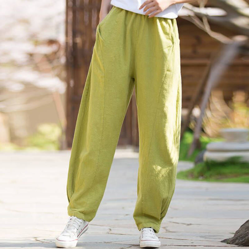 Pantalon de yoga décontracté en lin et coton ramie Buddha Stones avec poches - VertJaune - US4，UK/AU8，EU36 (L) - image 0