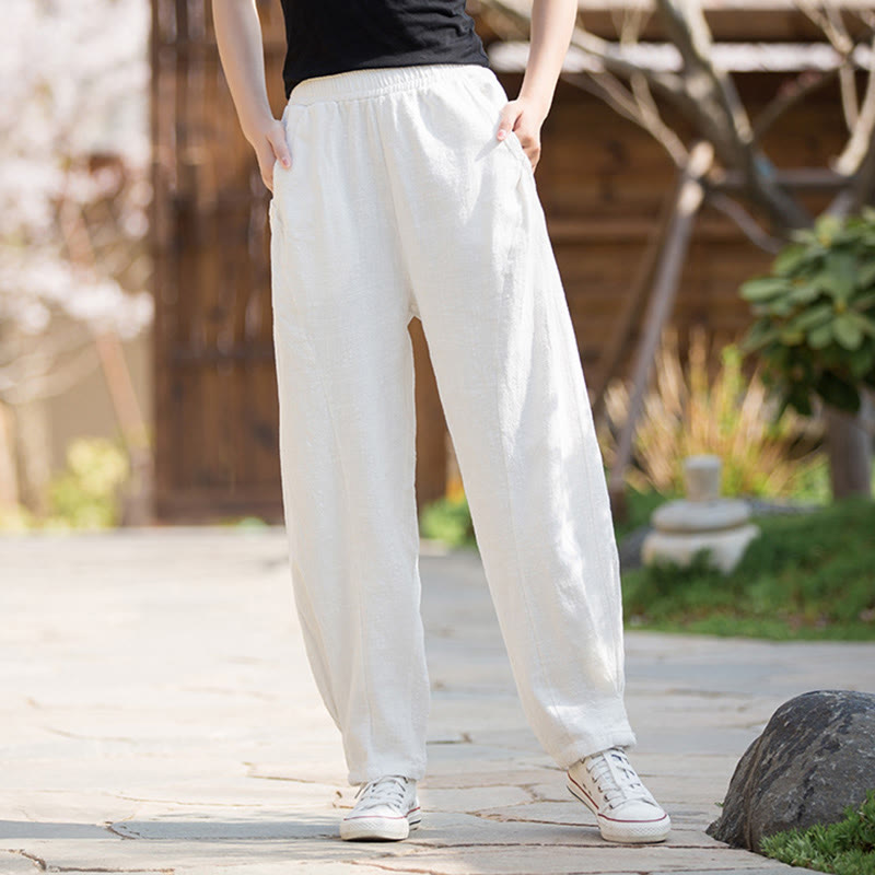 Pantalon de yoga décontracté en lin et coton ramie Buddha Stones avec poches - Blanc - US4，UK/AU8，EU36 (L) - image 9