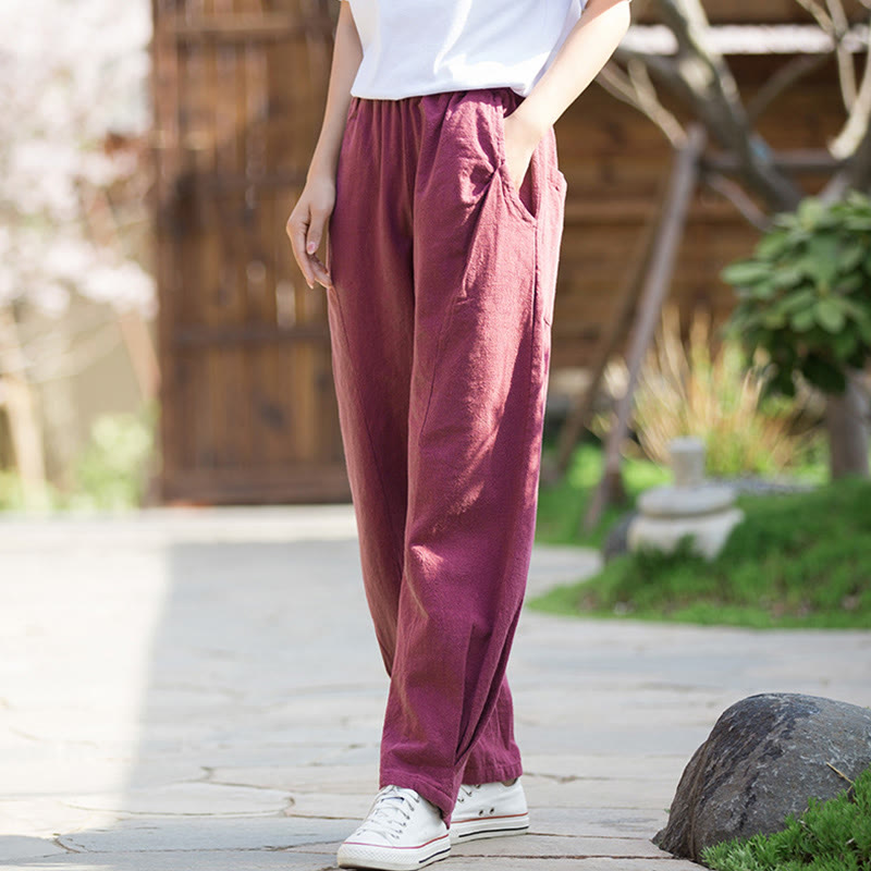 Pantalon de yoga décontracté en lin et coton ramie Buddha Stones avec poches - Violet pâle Rouge - US4，UK/AU8，EU36 (L) - image 15
