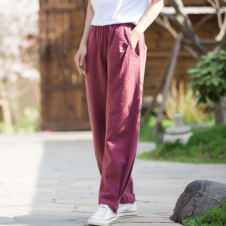 Pantalon de yoga décontracté en lin et coton ramie Buddha Stones avec poches - Violet pâle Rouge - US4，UK/AU8，EU36 (L) - image 15