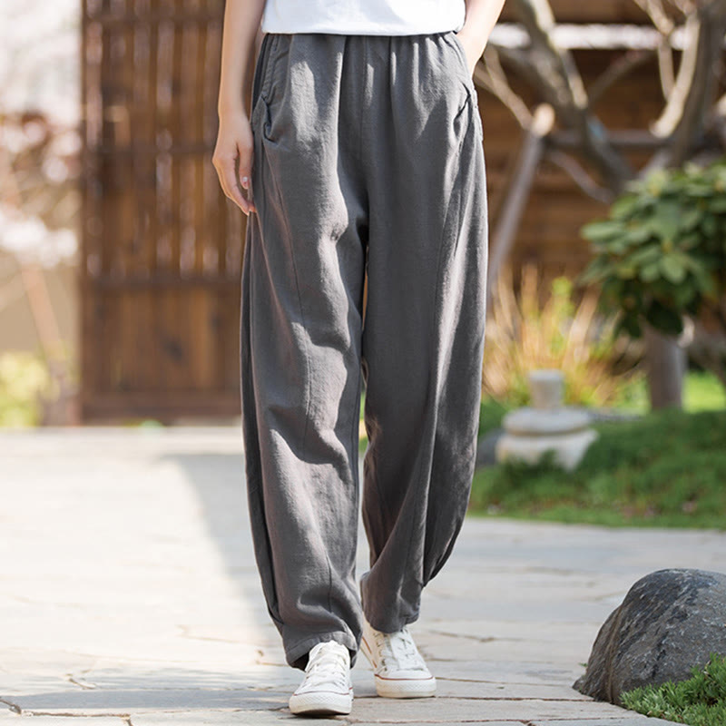 Pantalon de yoga décontracté en lin et coton ramie Buddha Stones avec poches - Gris clair - US4，UK/AU8，EU36 (L) - image 25