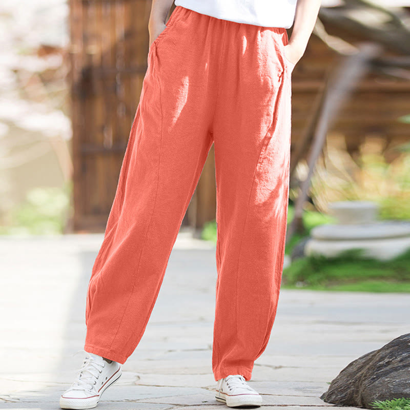 Pantalon de yoga décontracté en lin et coton ramie Buddha Stones avec poches - LightCoral - US4，UK/AU8，EU36 (L) - image 34