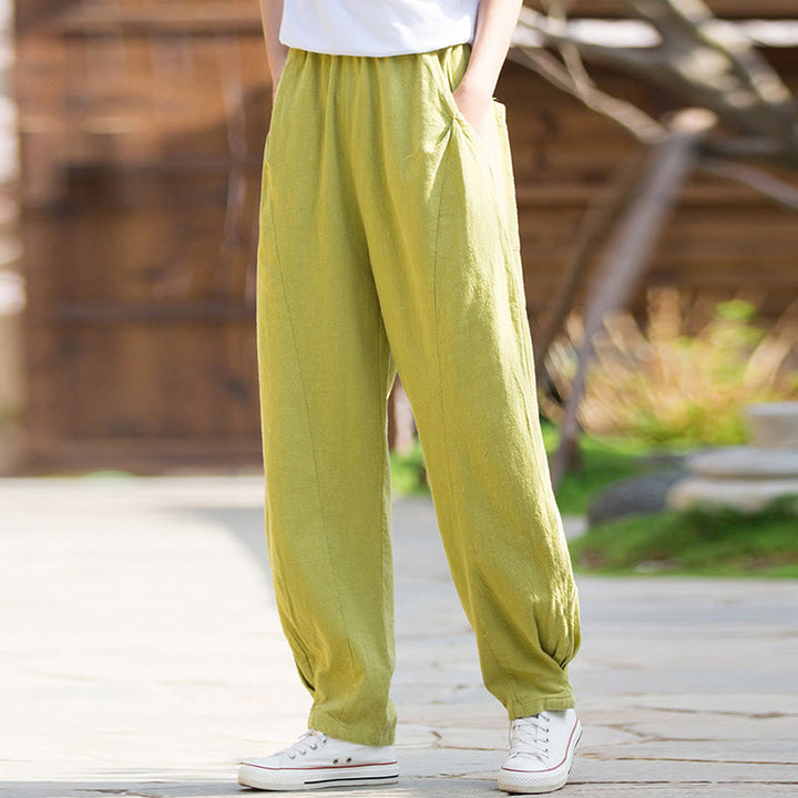 Pantalon de yoga décontracté en lin et coton ramie Buddha Stones avec poches - image 1