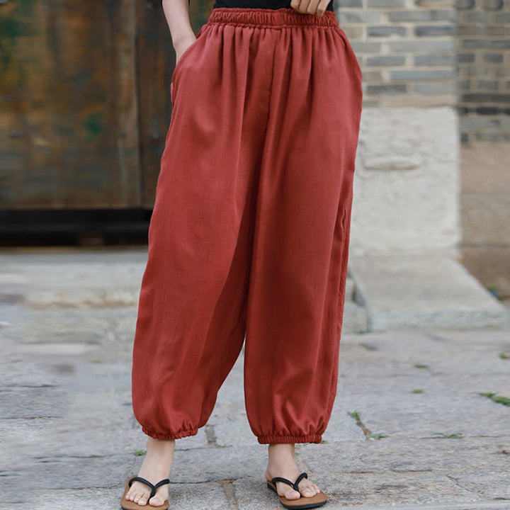 Pantalon décontracté d'été en coton pour femme avec poches Buddha Stones