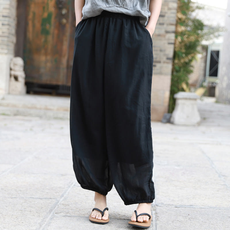 Pantalon décontracté d'été en coton pour femme avec poches Buddha Stones