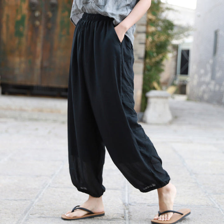 Pantalon décontracté d'été en coton pour femme avec poches Buddha Stones
