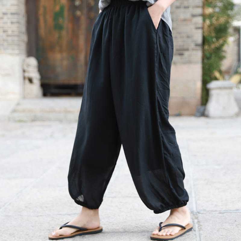 Pantalon décontracté d'été en coton pour femme avec poches Buddha Stones